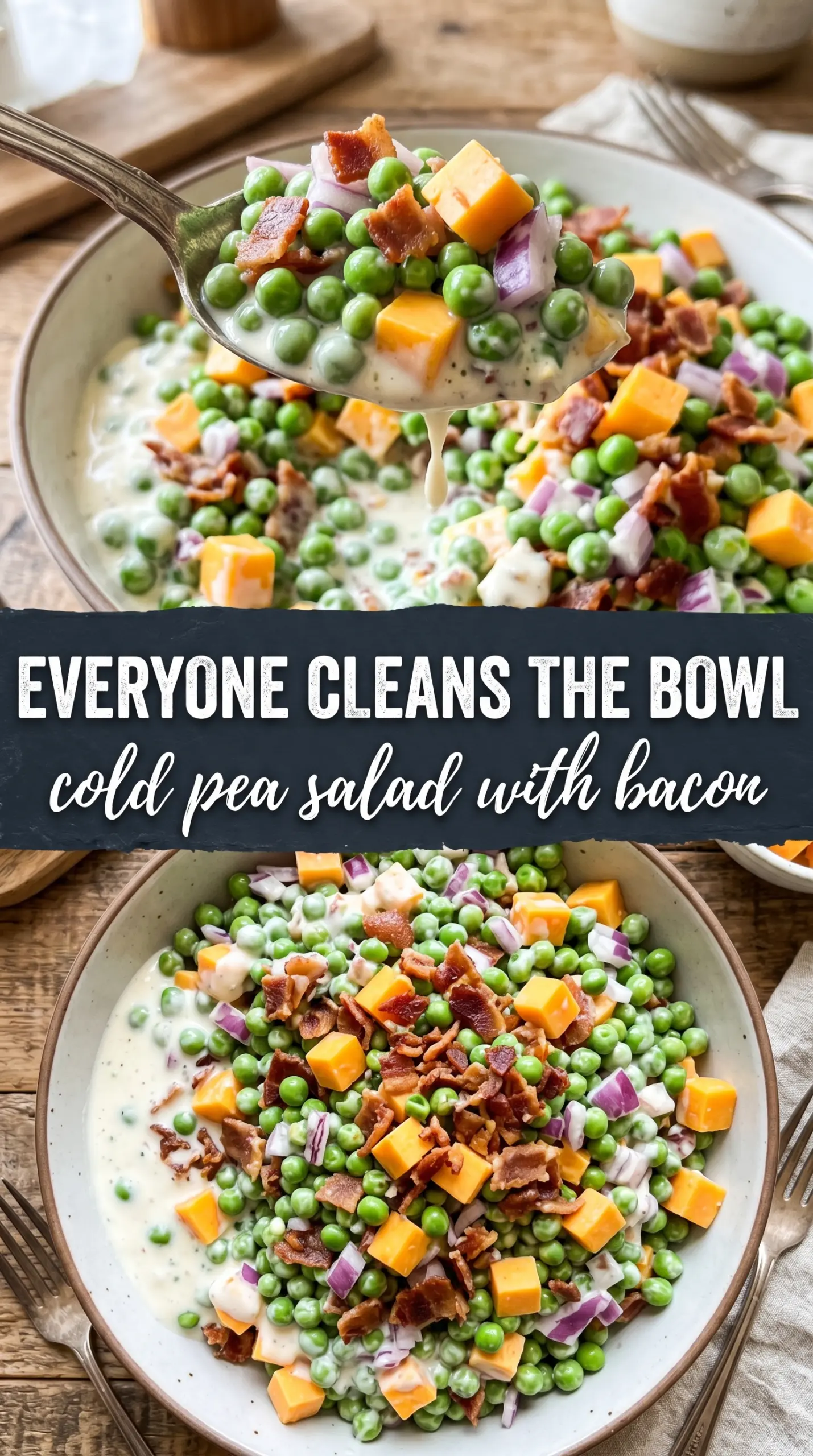 Creamy pea salad with bacon, cheddar, and red onion