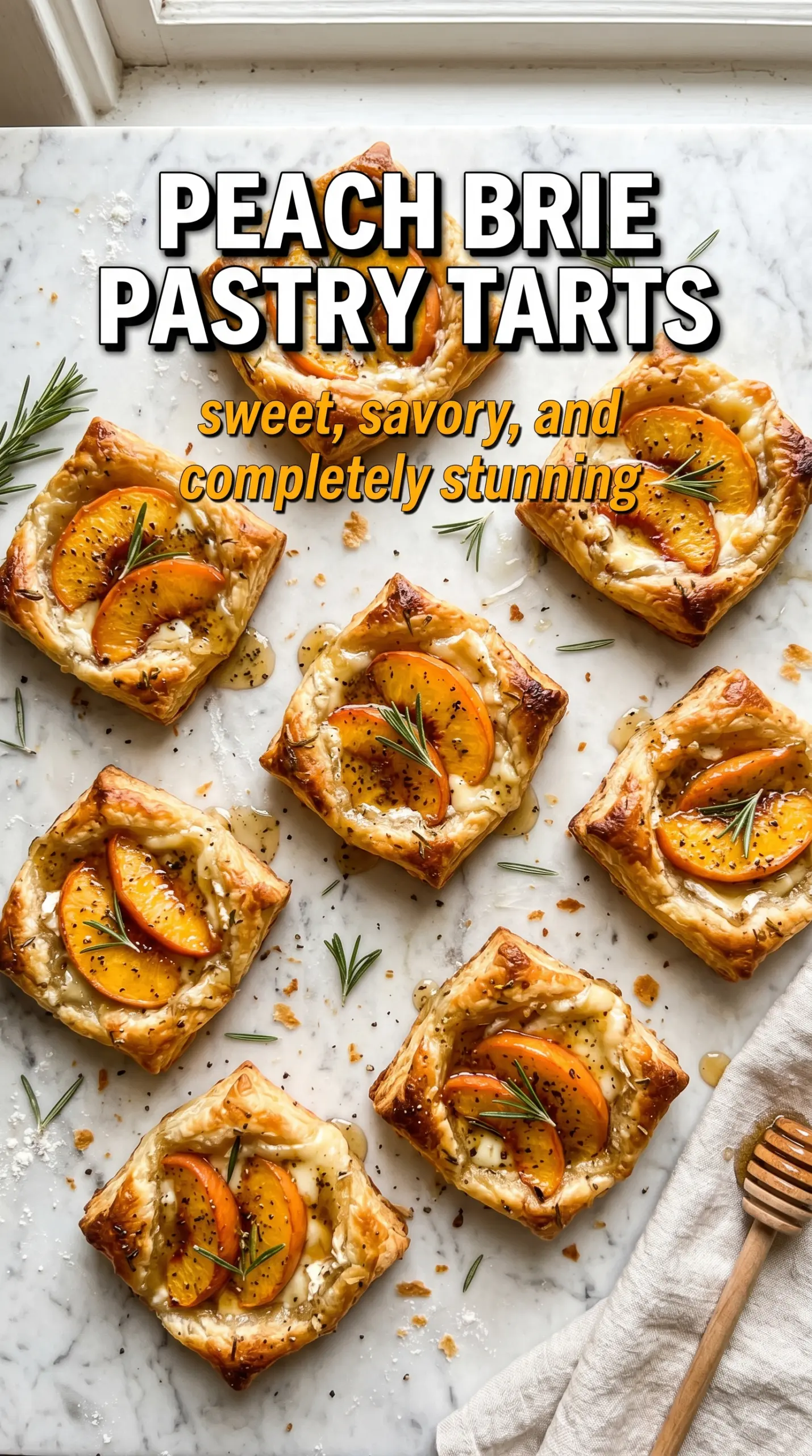 Peach Brie Pastry Tarts with Peppered Rosemary Honey, flaky, golden, elegant