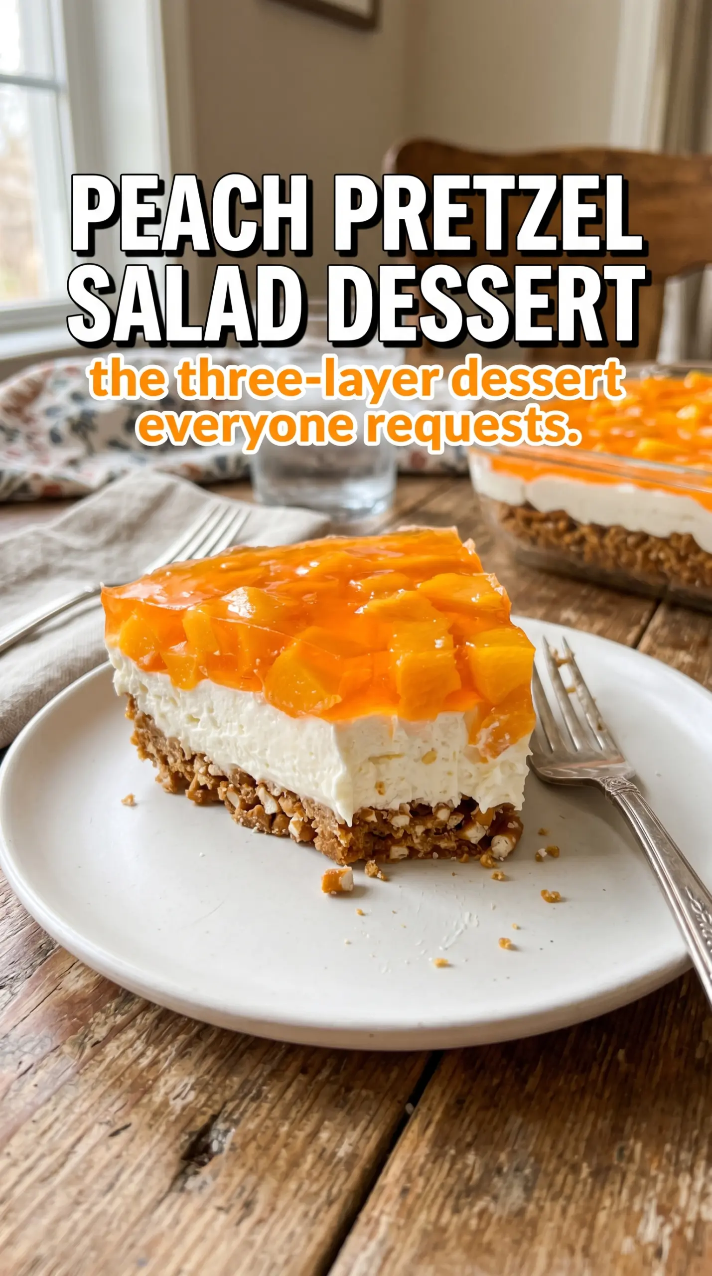 Peach Pretzel Salad Dessert layered creamy fruity