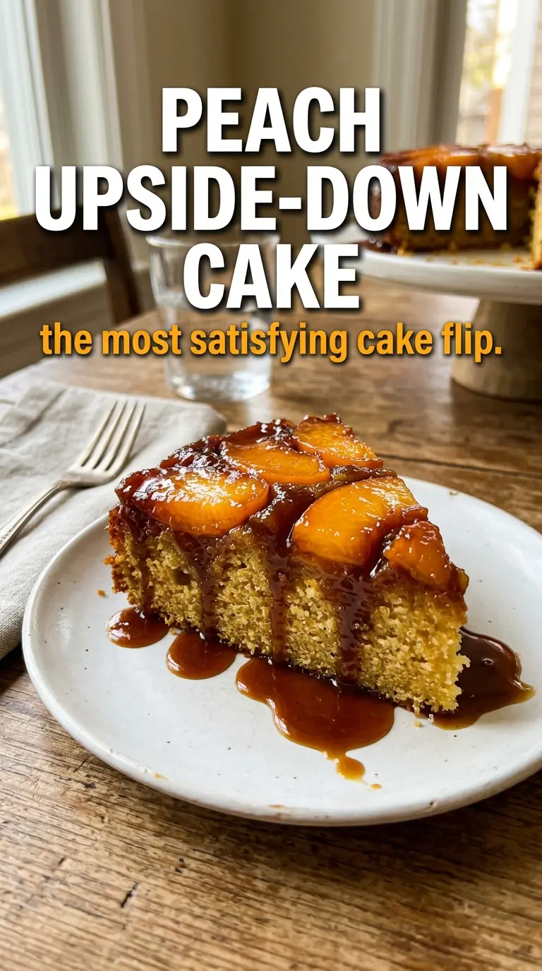 Slice of peach cake with frosting or glaze