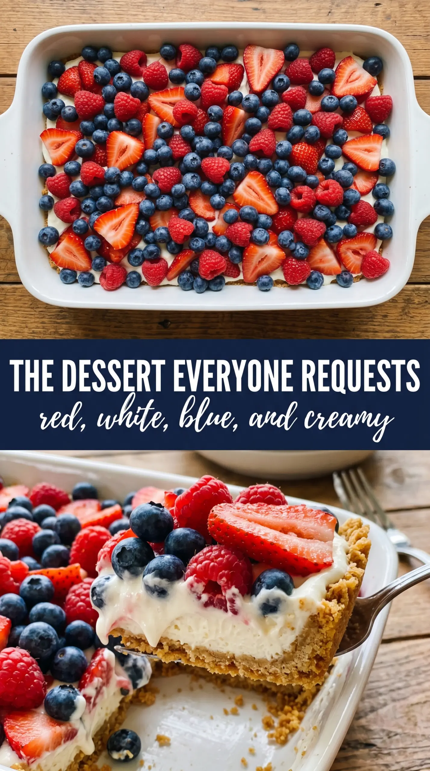 Red, White and Blue Mixed Berry Yum Yum layered dessert, berry-topped, no-bake