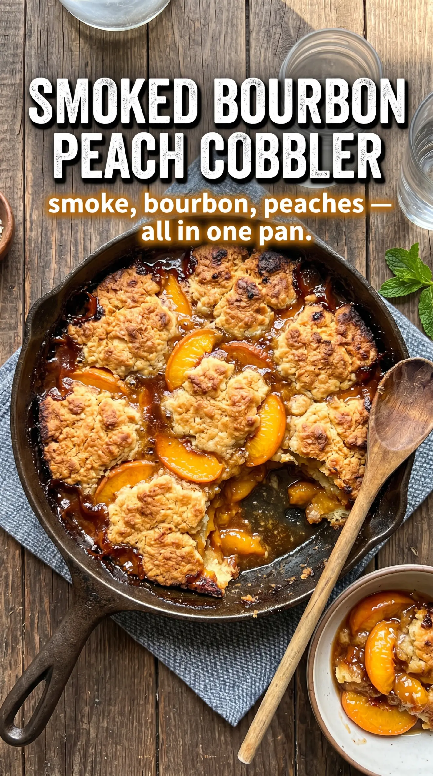Warm peach cobbler with biscuit or crumble topping