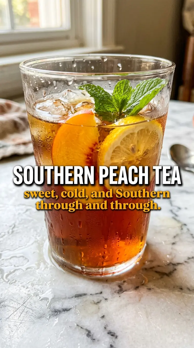 Southern peach tea, sweet, iced, refreshing