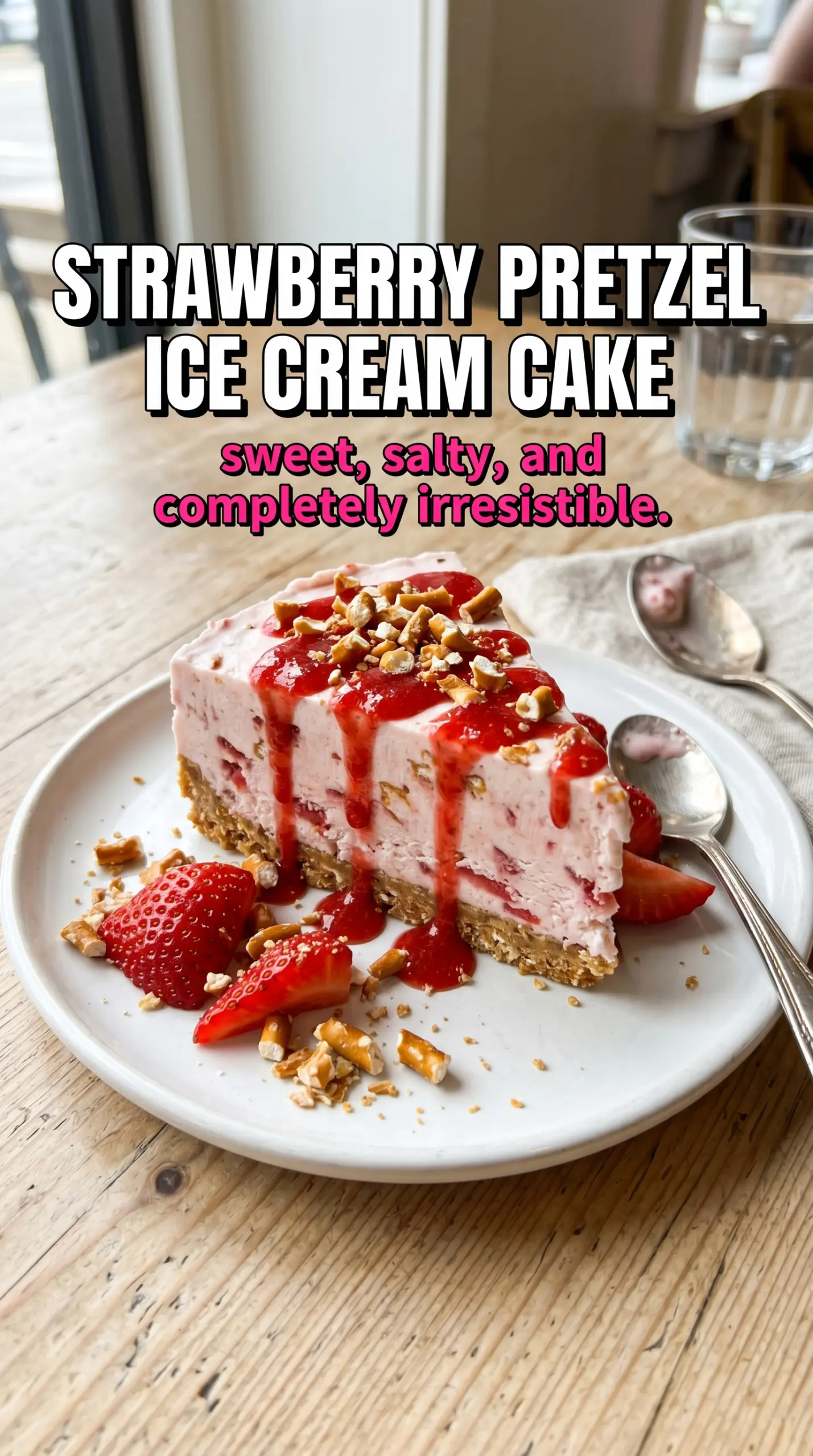 Strawberry Pretzel Ice Cream Cake, creamy frozen layers, salty-sweet dessert