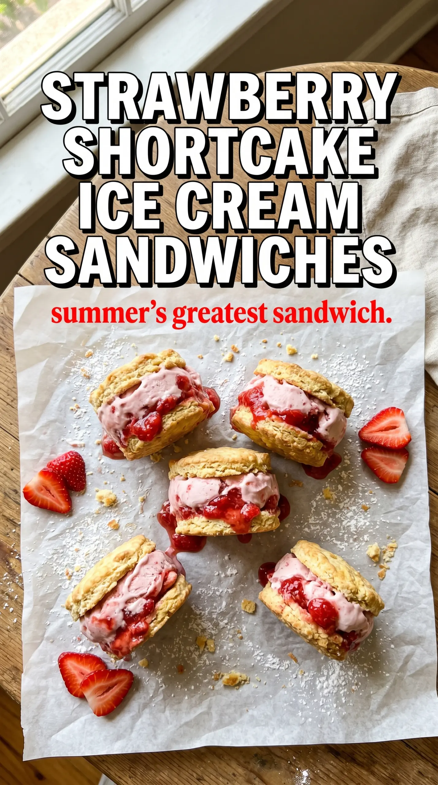 Strawberry Shortcake Ice Cream Sandwiches flaky, creamy, strawberry-filled