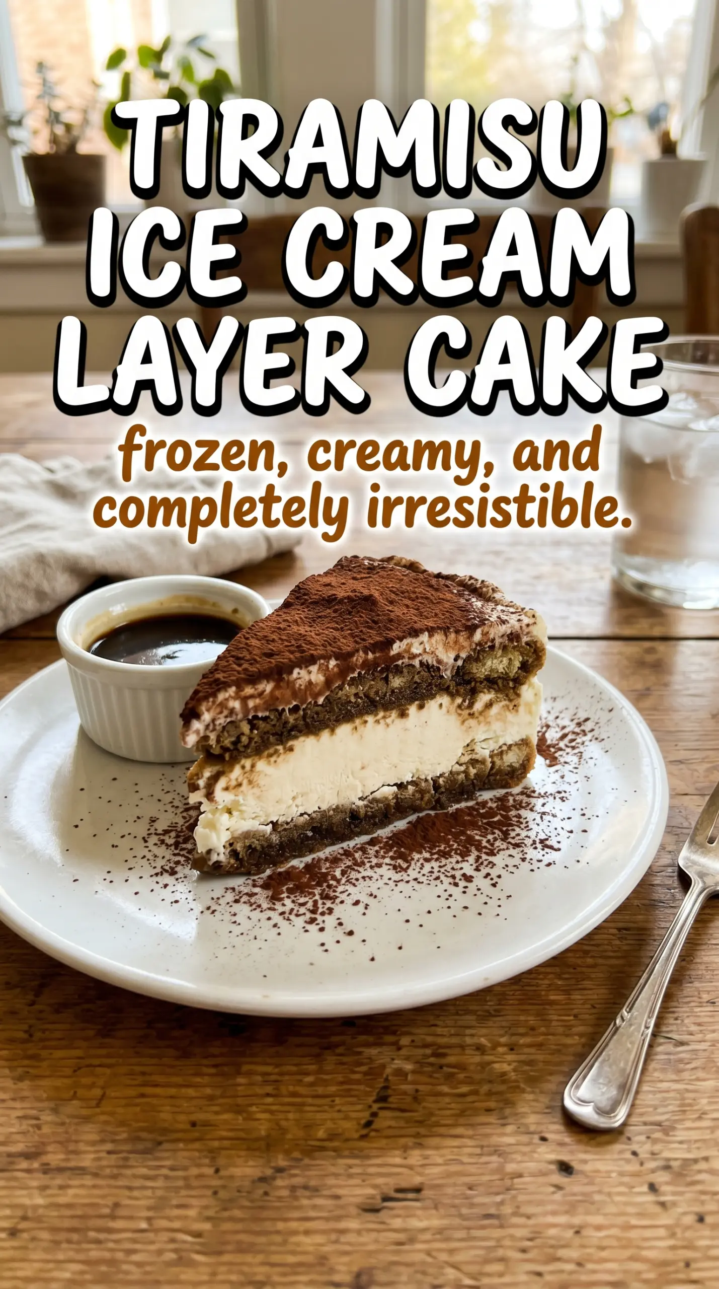 Slice of layered ice cream cake on a plate