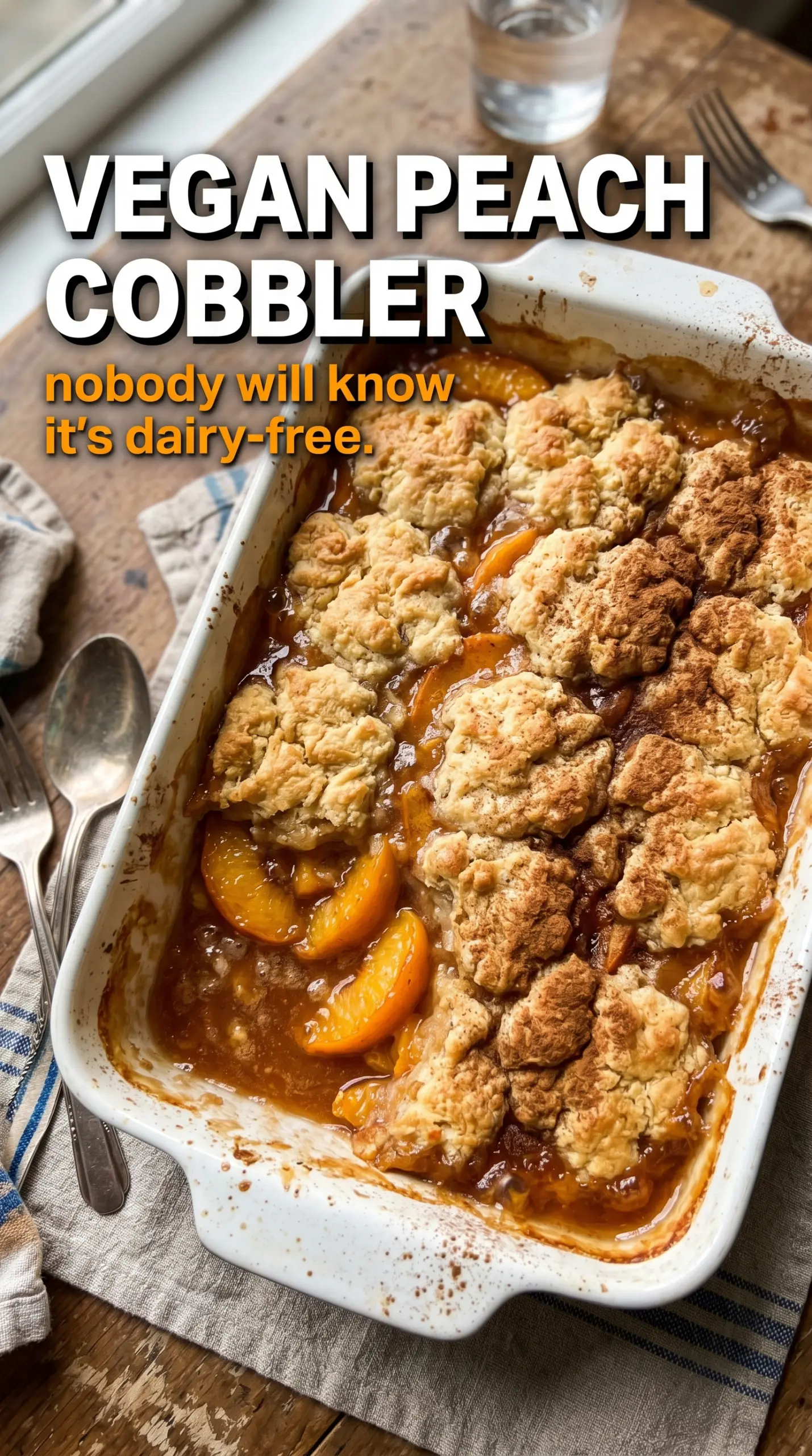 Vegan Peach Cobbler golden bubbling