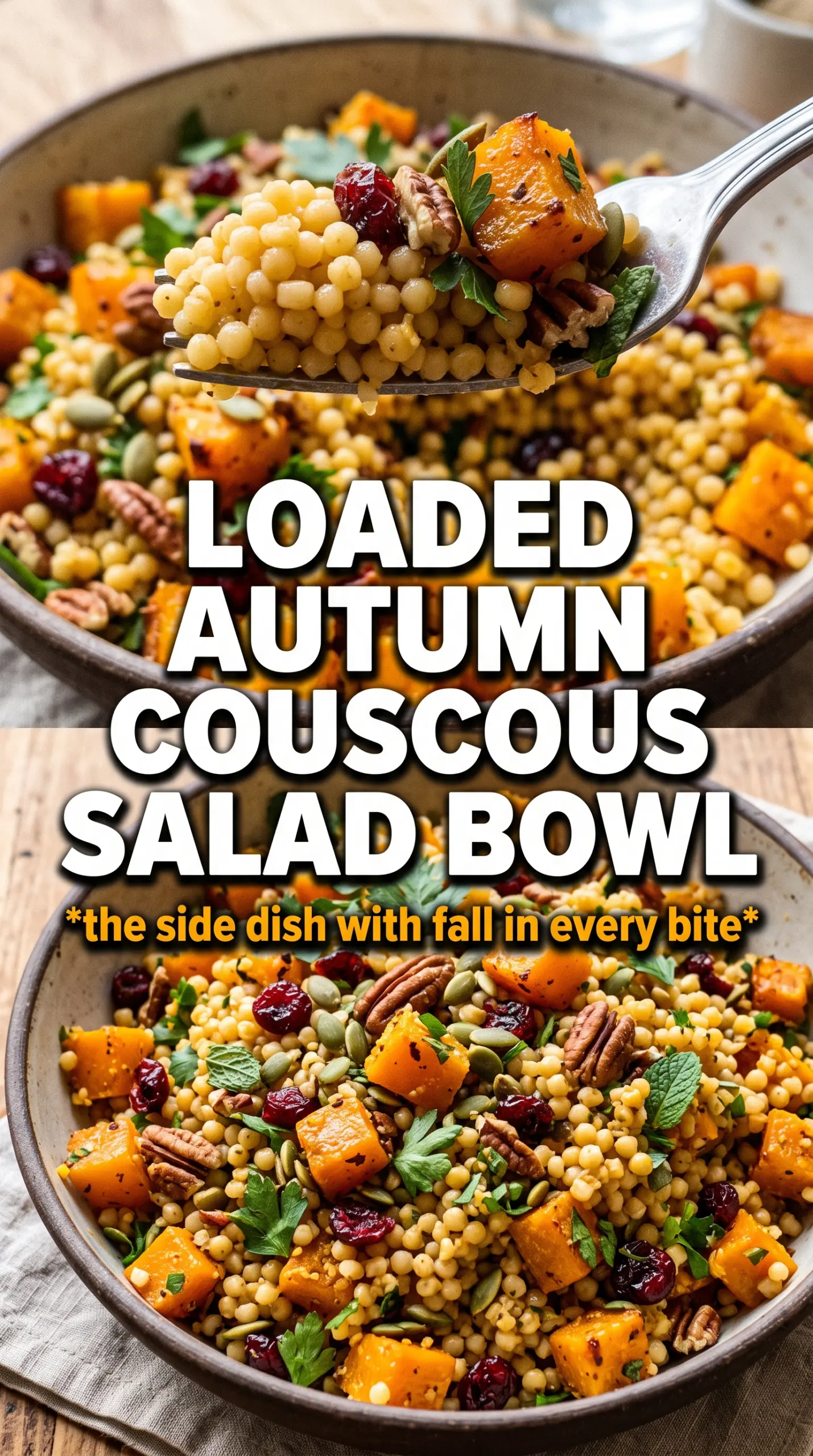Autumn Pearl Couscous Salad with butternut squash, cranberries, and goat cheese