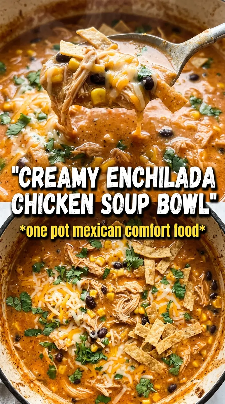 Creamy Chicken Enchilada Soup rich red broth, shredded chicken, corn