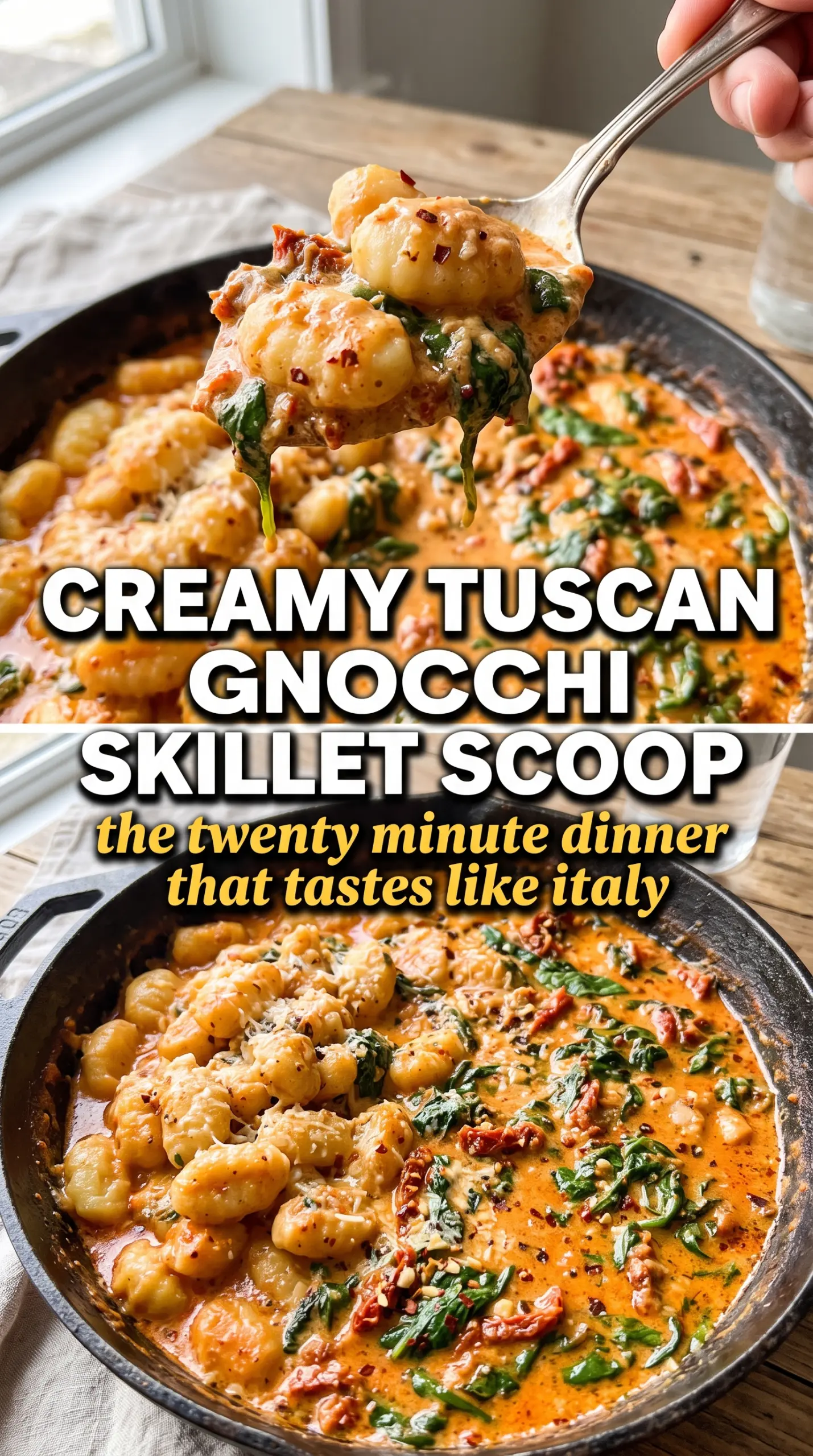 Tuscan Gnocchi creamy skillet, sun-dried tomatoes, spinach