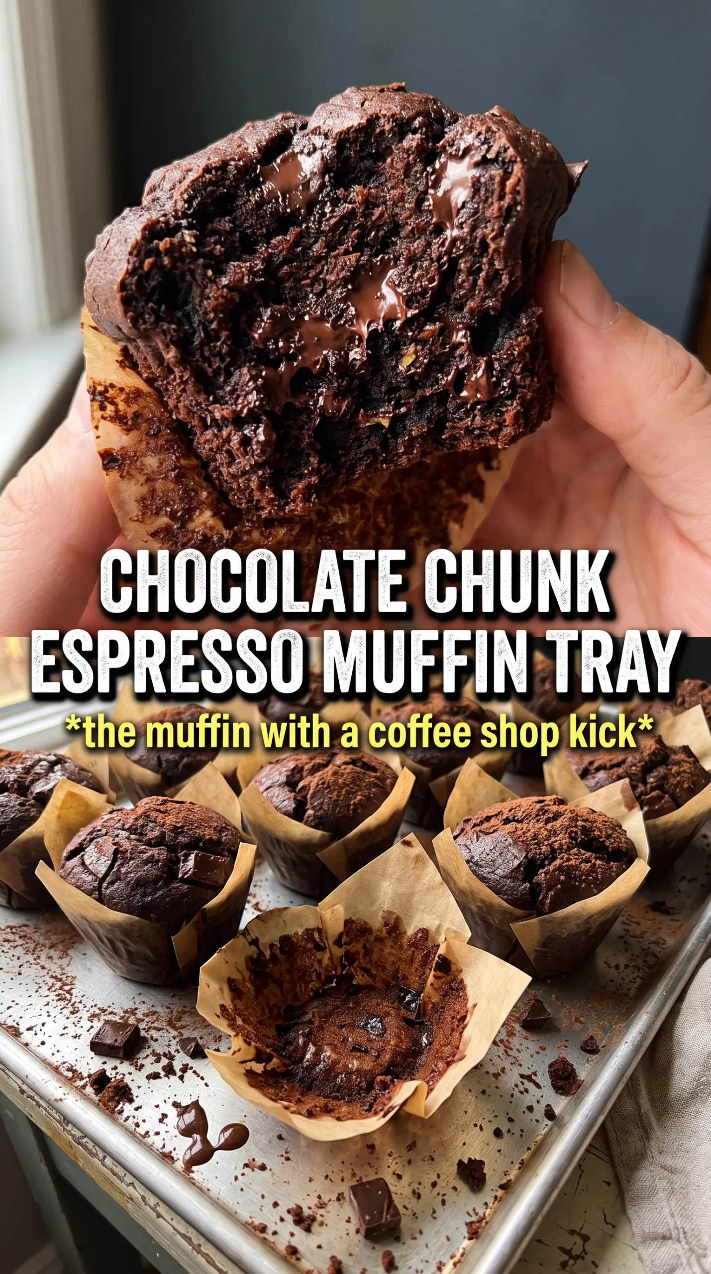 Double Chocolate Espresso Muffins rich mocha, chocolate domes, espresso topping