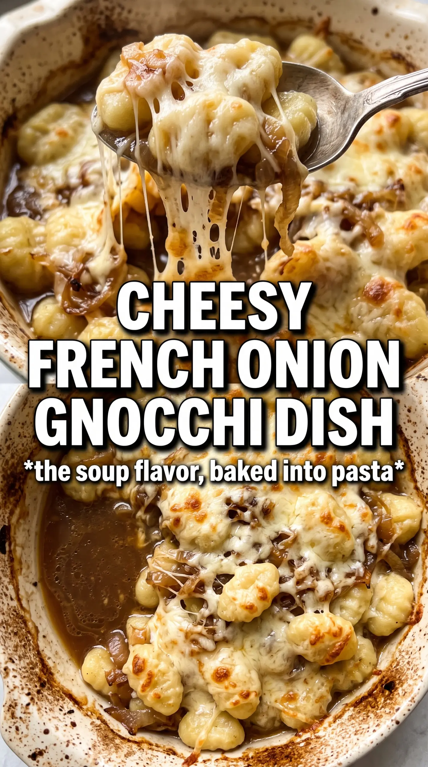 French onion gnocchi caramelized onions Gruyere skillet