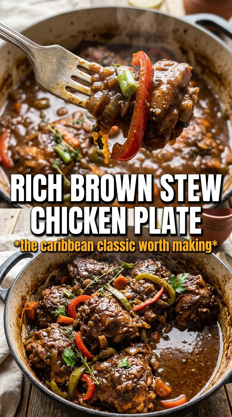Brown Stew Chicken deep mahogany gravy, tender chicken, caramelized peppers