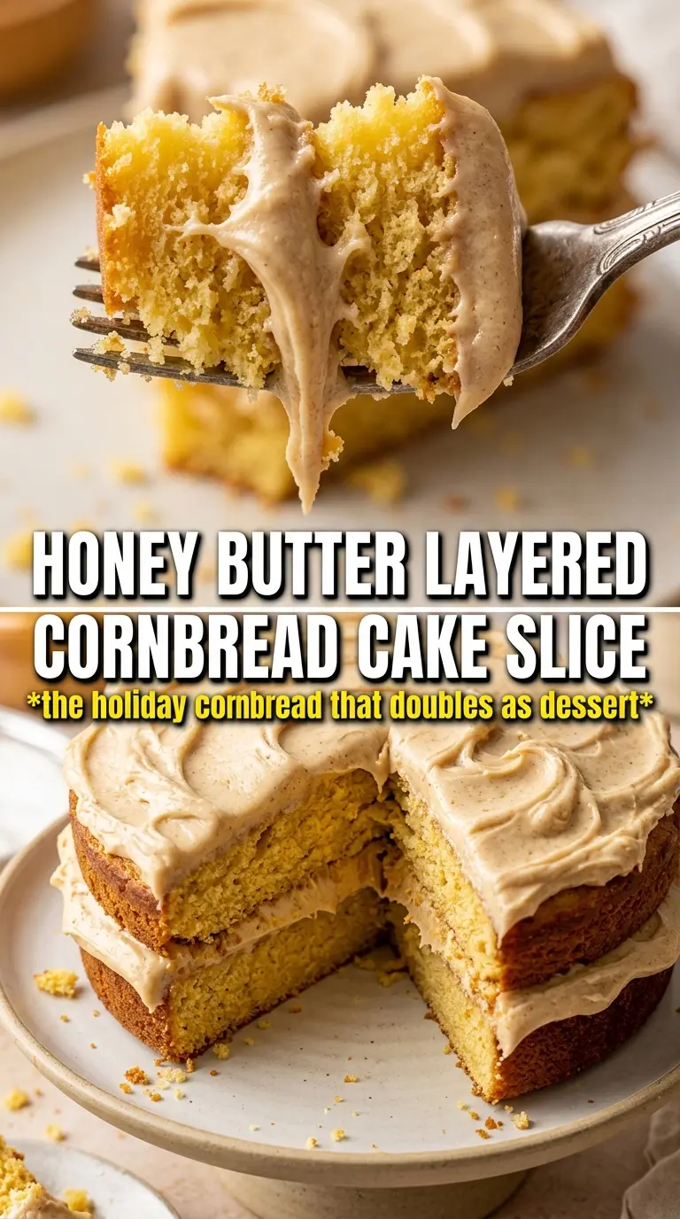Layered cornbread cake with honey butter frosting, golden and fluffy