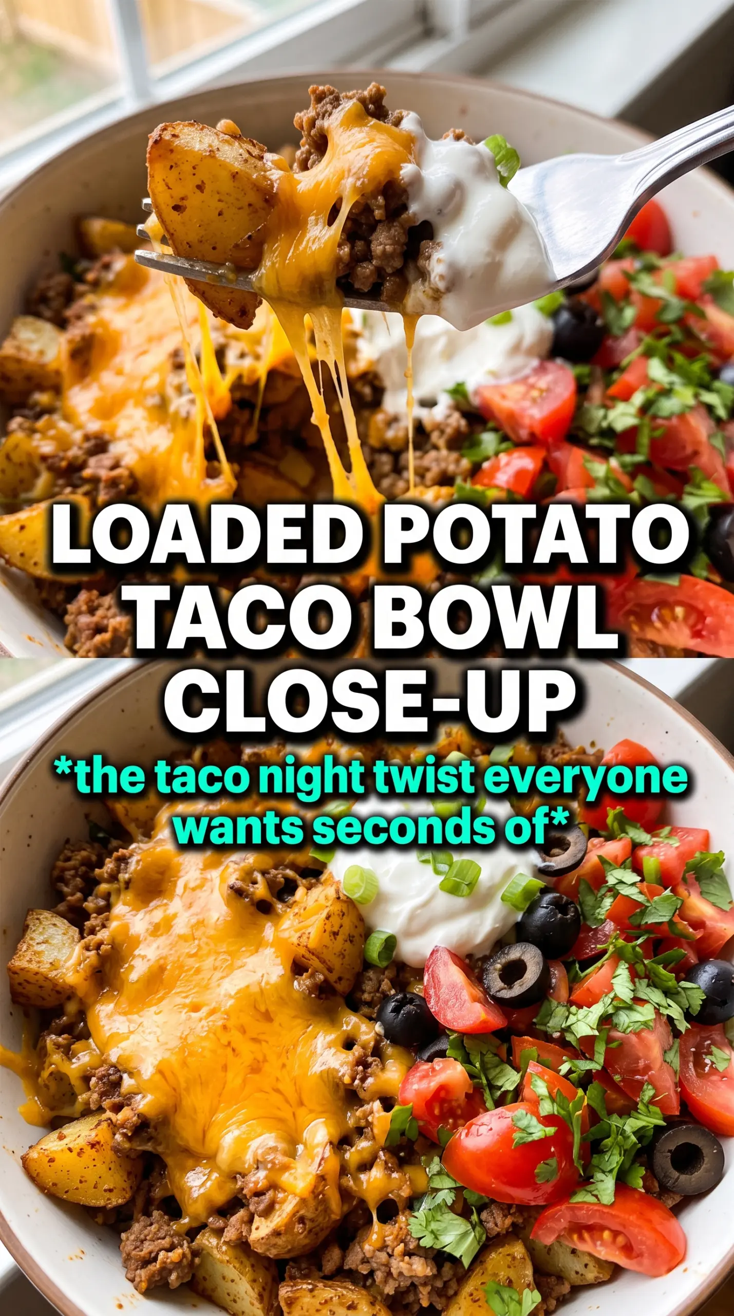 Loaded Potato Taco Bowl crispy potatoes seasoned beef