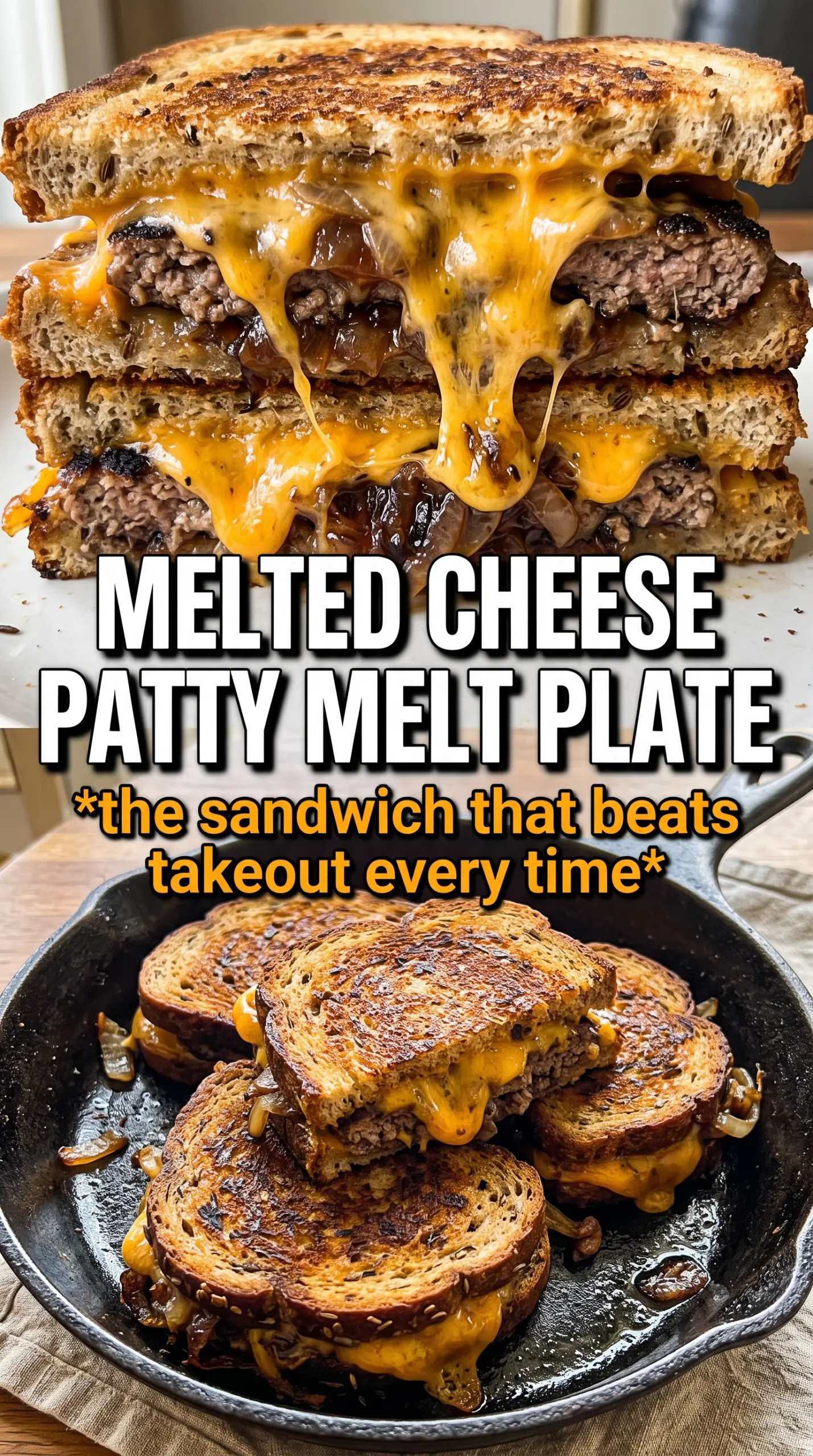 Patty melt golden rye melted cheese caramelized onions
