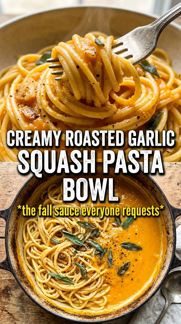 Roasted Garlic Butternut Squash Pasta, creamy golden, sage-topped