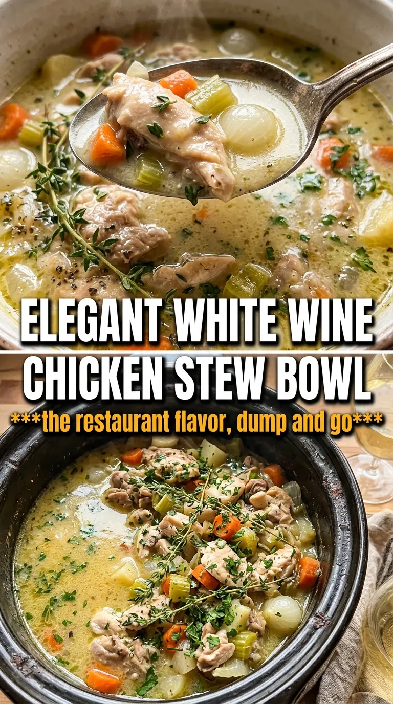 Slow Cooker White Wine Chicken Stew golden broth, tender chicken, mushrooms