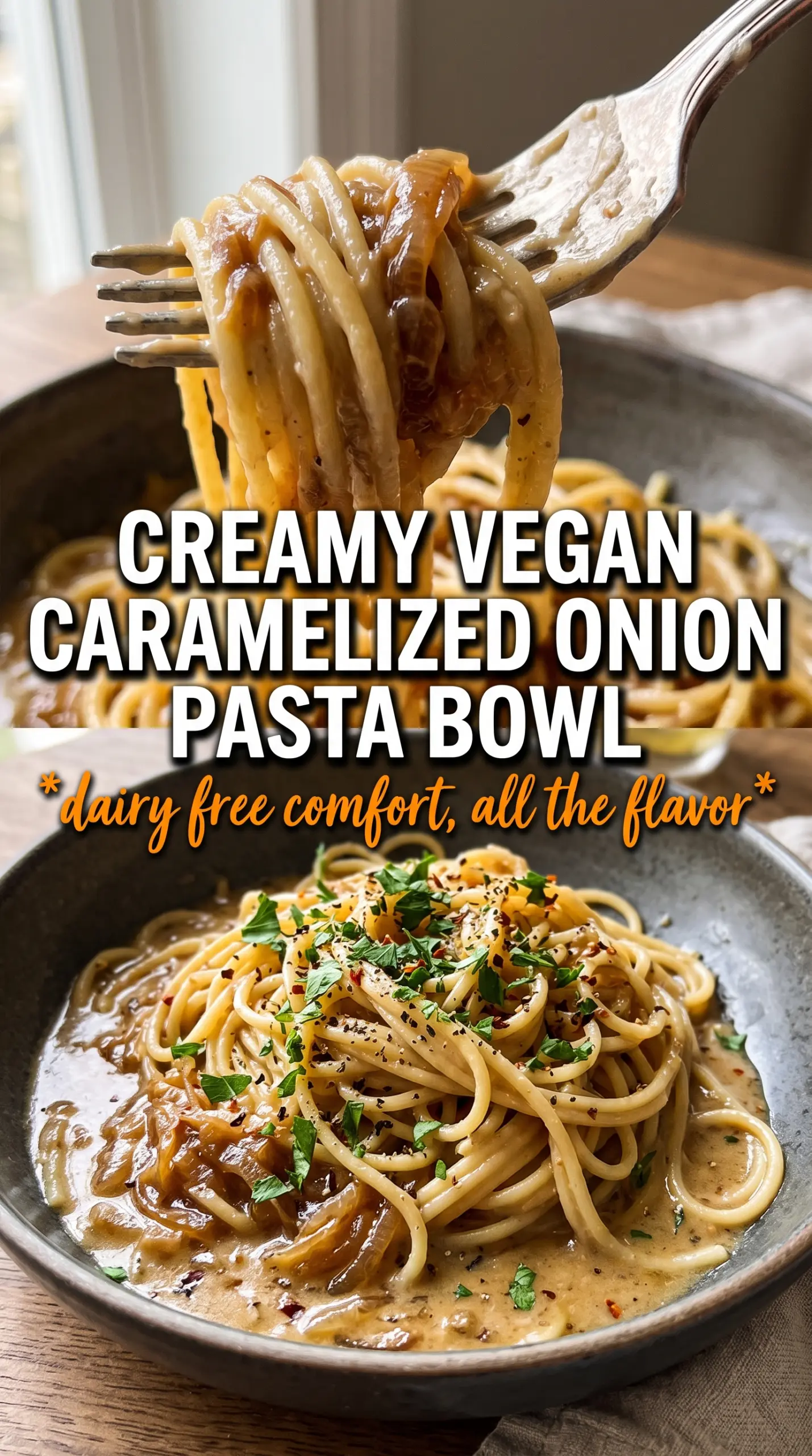 Vegan Caramelized Onion Pasta golden glossy rigatoni thyme